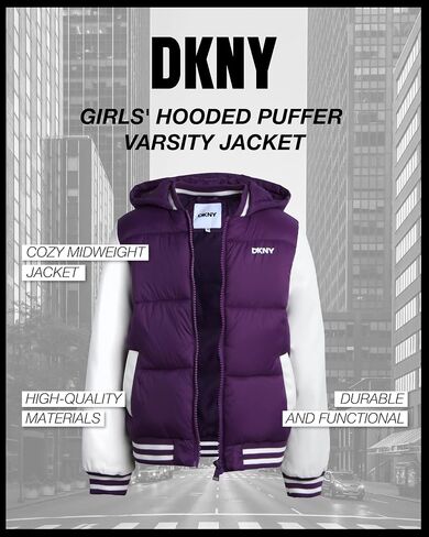 DKNY Girls' Quilted Puffer Jacket - Mid Weight Full Zip Up Hooded Varsity Jacket - Insulated Jackets for Girls (7-16) in Saudi Arabia