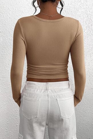 تي شيرت نسائي PRETTYGARDEN بأكمام طويلة 2024 من Henley بأزرار سفلية مضلعة ومتماسكة وبلوزة علوية أساسية غير رسمية in Kuwait