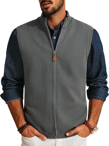 PJ PAUL JONES Mens Sweater Vest Full-Up Knitted Vests Casual Stand Collar Vests Sweater in Saudi Arabia