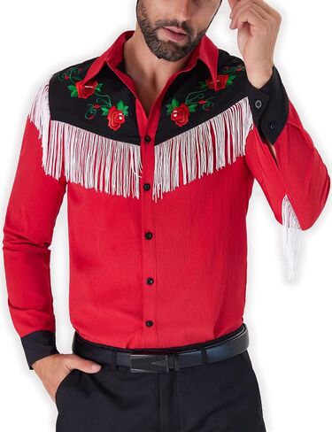 Men's Western Cowboy Fringe Shirts Long Sleeve with Embroidered Rose Button Down Hippie Shirt in Saudi Arabia