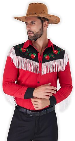Men's Western Cowboy Fringe Shirts Long Sleeve with Embroidered Rose Button Down Hippie Shirt in Saudi Arabia