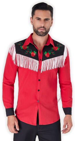 Men's Western Cowboy Fringe Shirts Long Sleeve with Embroidered Rose Button Down Hippie Shirt in Saudi Arabia