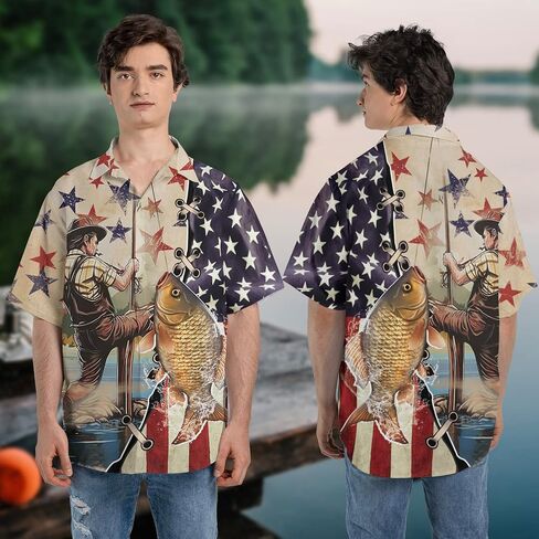 Patriotic Hawaiian Shirt for Men - Fishing Lovers Casual Button Down Unisex Luau Shirt (TND-PTU-TT-HW48) in Saudi Arabia
