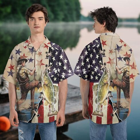 Patriotic Hawaiian Shirt for Men - Fishing Lovers Casual Button Down Unisex Luau Shirt (TND-PTU-TT-HW48) in Saudi Arabia