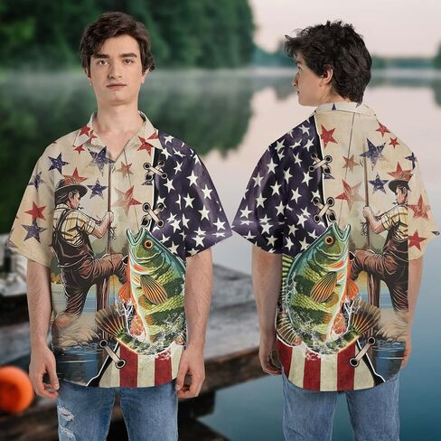 Patriotic Hawaiian Shirt for Men - Fishing Lovers Casual Button Down Unisex Luau Shirt (TND-PTU-TT-HW48) in Saudi Arabia