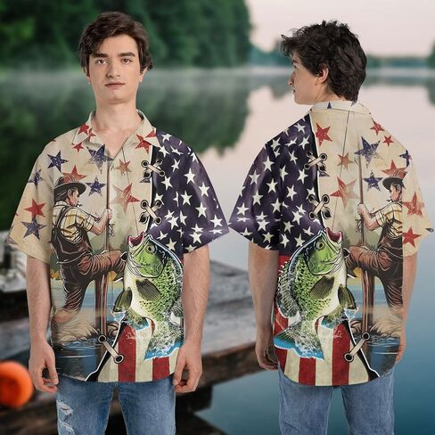 Patriotic Hawaiian Shirt for Men - Fishing Lovers Casual Button Down Unisex Luau Shirt (TND-PTU-TT-HW48) in Saudi Arabia