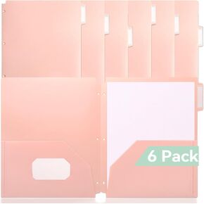 Plastic Folders with Pockets 3 Hole Punched, 6 Pack Pastel Pocket Folders for 3 Ring Binder, Unique 1/3 Cut Tabs with Colorful Labels, School Folders, Letter Size