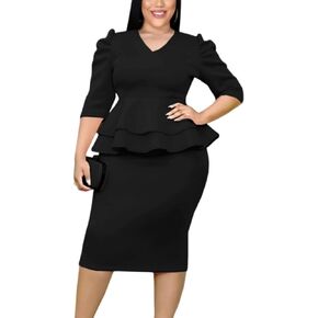 Women V-Neck Plus Size Peplum Dress Church Wear to Work Bodycon Short Sleeve Midi Dresses
