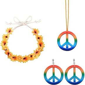 Long tiantian Peace Sign Necklace for Women Hippie Halloween Costume Set 60s 70s Party Jewelry Set Peace Pendant Necklace Peace Sign Earrings Flower Headband Hippie Jewelry for Men Girls