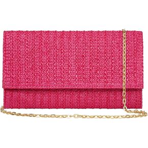 Straw Shoulder Crossbody Bag, Chain Evening Purse Envelope Clutch Handbag Summer Beach Bag