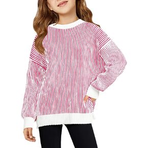 Haloumoning Girls Striped Pullover Sweaters Chenille Crew Neck Cable Knit Tops 5-14 years