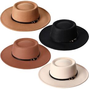 JaGely Women Wide Brim Hat with Belt Buckle Vintage Warm Wool Belt Panama Hat Boho Felt Jazz Hat for Park Wedding Tea Party