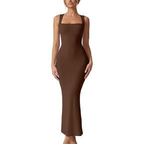 QINSEN Women's Square Neck with Lace Detail Long Maxi Dress Sleeveless Lounge Ribbed Full Length Dresses