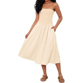 Women Off Shoulder Midi Dress Strapless Sleeveless Drop-Waist A Line Tube Dress Trendy Summer Swing Patchwork Dress