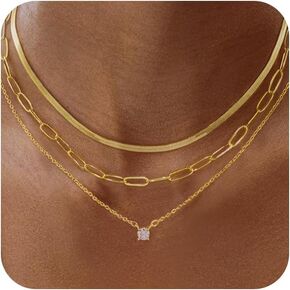Layered Necklace for Women, Dainty 14K Gold Plated Snake Choker Necklaces Gold Herringbone Paperclip Chain CZ Pendant Simple Cubic Zirconia Necklace Jewelry Set for Women Girls