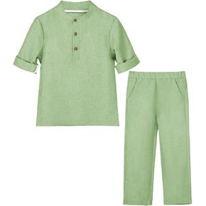 Boys 2 Piece Linen Outfit Kids Summer Clothes for Teen Boy Button Down Shirt and Pants Set