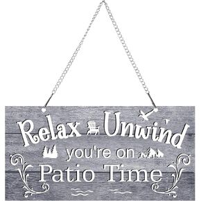10 x 5 Inch Patio Wall Decor Hanging Wall Art Metal Plaque Signs Vintage Balcony Decor Retro Patio Accessories Relax Unwind You're on Patio Time with Chain for Home Pub Porch Outdoor Living