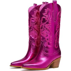 Cowboy Boots for Women - Metallic Mid Calf Cowgirl Boots with Embroidery Sparkly Western Wide Calf Short Boots Fashion Pull on Pointy Toe Chunky Stacked Heel 2.5"