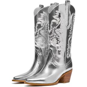Cowboy Boots for Women - Metallic Mid Calf Cowgirl Boots with Embroidery Sparkly Western Wide Calf Short Boots Fashion Pull on Pointy Toe Chunky Stacked Heel 2.5"