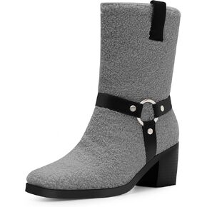 Women's Fashion Chunky Heel Mid Calf Tabs Boots Closed Toe with Buckles Biker Boots