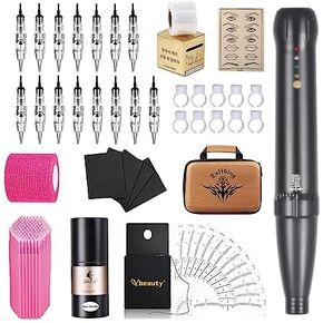 Permanent Eyebrow Makeup Tattoo Machine Kit with 15pcs Mixed Cartridges Needles for Shading Eyeliner Lip Microshading (Black)