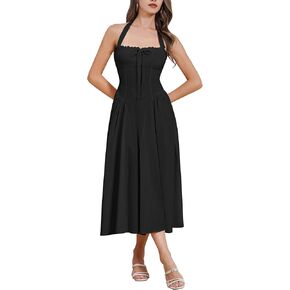 Floral Corset Dress Solid Long Dress Sleeveless Halter Low Cut Dress Open Back Bustier Midi Dress Summer