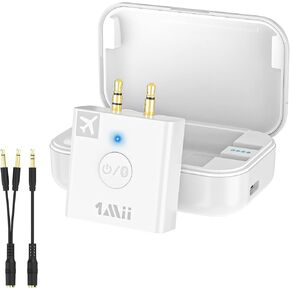 1Mii B05 Airplane Bluetooth 5.3 Transmitter for 2 Airpods/Headphones, in-Flight Bluetooth Audio Adapter W/Charging Case, aptX Adaptive/Low Latency/HD, Works with 3.5 Aux on Airline or in Gym-White