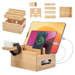 Prosumer's Choice Natural Bamboo Charging Station Rack for Smartphones and Tablets | Simple All-in-one Organizer, with Removable Dividers, Perfect to Work from Home - Dark Bown