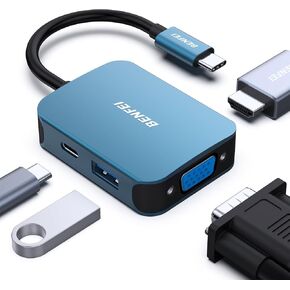BENFEI USB C HUB 4in1, USB Type-C to HDMI VGA Adapter, USB C to USB Adapter, USB Type-C Power Delivery, Compatible with iPhone 15 Pro/Max, MacBook Pro/Air 2023, iPad Pro, iMac, S23, XPS 17