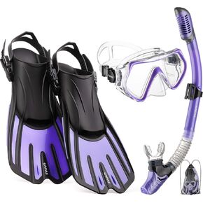 CAPAS Snorkel Mask Fins Set, Travel Size Snorkeling Gear for Adults with Short Adjustable Swim Fins, High Resistant Scuba Diving Mask and Dry Top Snorkel, Come with a Carrying Bag