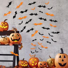LOLStar 72PCS Halloween Bats Decoration, 4 Different Sizes Realistic PVC Black Purple and Orange 3D Scary Bat Stickers for Home Decor DIY Wall Decal Indoor, Outdoor Halloween Party Supplies