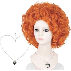 Short Orange Curly Landlady Roper Wig and Glasses Jewelry, Reddish Orange Afro Annie Wig with Necklace Earrings +Wig Cap Set 5 Accessories for Halloween Party Mrs Costume Cosplay