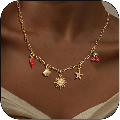 HUASAI Charm Necklace for Women Dainty Gold Paperclip Chain Necklace Trendy Flower Starfish Bow Beach Charm Necklace Summer Jewelry Outfits for Women 2024 in Saudi Arabia