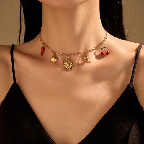 HUASAI Charm Necklace for Women Dainty Gold Paperclip Chain Necklace Trendy Flower Starfish Bow Beach Charm Necklace Summer Jewelry Outfits for Women 2024 in Saudi Arabia
