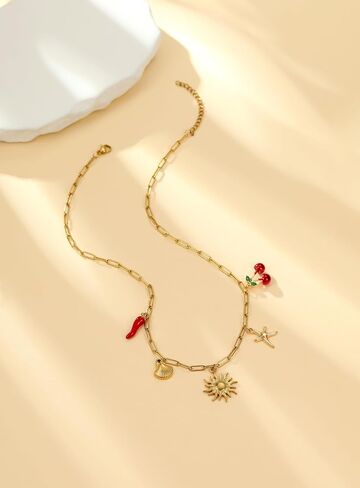 HUASAI Charm Necklace for Women Dainty Gold Paperclip Chain Necklace Trendy Flower Starfish Bow Beach Charm Necklace Summer Jewelry Outfits for Women 2024 in Saudi Arabia