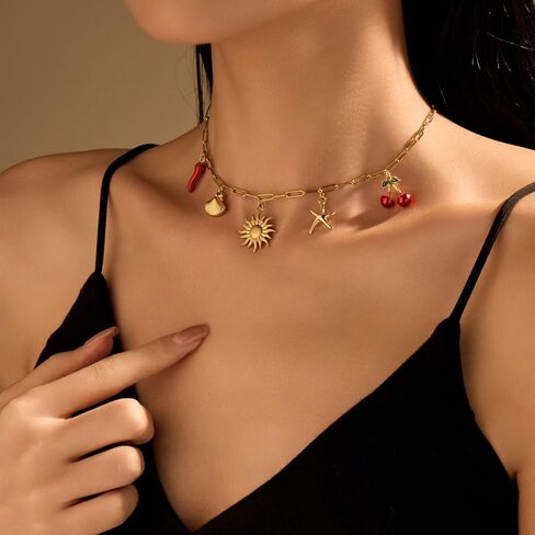 HUASAI Charm Necklace for Women Dainty Gold Paperclip Chain Necklace Trendy Flower Starfish Bow Beach Charm Necklace Summer Jewelry Outfits for Women 2024 in Saudi Arabia