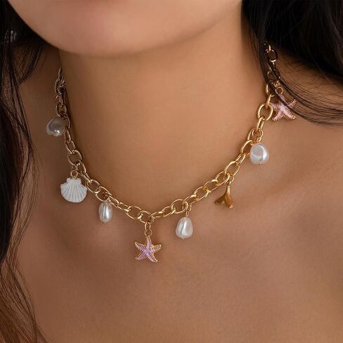 Gold Charm Necklace for Women White Pearl Choker Necklace Head Portrait Square Pendant Necklace Boho Charm Necklace Beach Necklace Jewelry for Women in Saudi Arabia