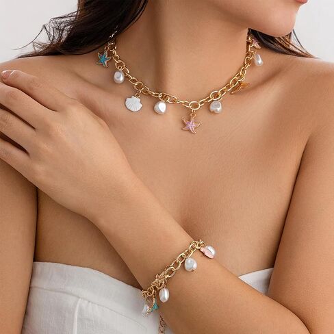 Gold Charm Necklace for Women White Pearl Choker Necklace Head Portrait Square Pendant Necklace Boho Charm Necklace Beach Necklace Jewelry for Women in Saudi Arabia