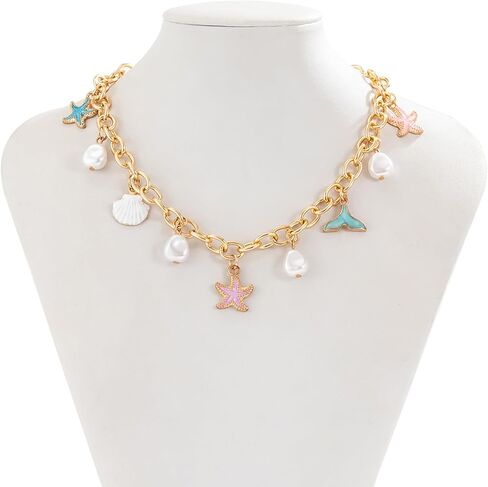 Gold Charm Necklace for Women White Pearl Choker Necklace Head Portrait Square Pendant Necklace Boho Charm Necklace Beach Necklace Jewelry for Women in Saudi Arabia
