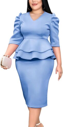 Women V-Neck Plus Size Peplum Dress Church Wear to Work Bodycon Short Sleeve Midi Dresses in Saudi Arabia