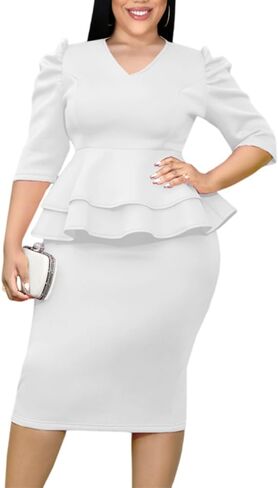 Women V-Neck Plus Size Peplum Dress Church Wear to Work Bodycon Short Sleeve Midi Dresses in Saudi Arabia