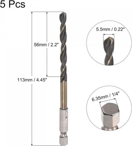 uxcell 5 Pcs High Speed Steel Hex Shank Twist Drill Bit, 5mm Drilling Dia with 1/4 Inch Hex Shank 105mm Length in Saudi Arabia