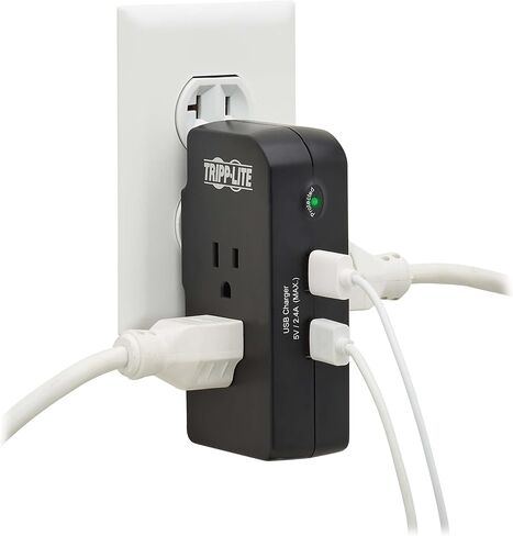 Tripp Lite 3 Outlet Portable Surge Protector Power Strip, 18in Cord, 2 USB, & $25,000 INSURANCE (TRAVELER3USB) Black in Kuwait