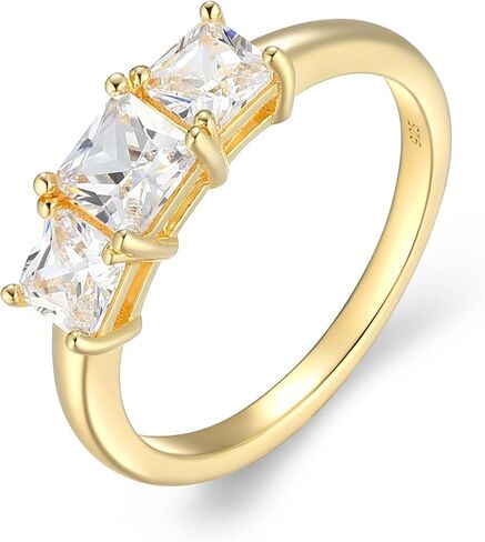 18K Yellow Gold Plated 925 Sterling Silver Princess-Cut Cubic Zirconia "Yesterday, Today, Tomorrow" 3-Stone Engagement or Anniversary Ring - Size 8 in Kuwait