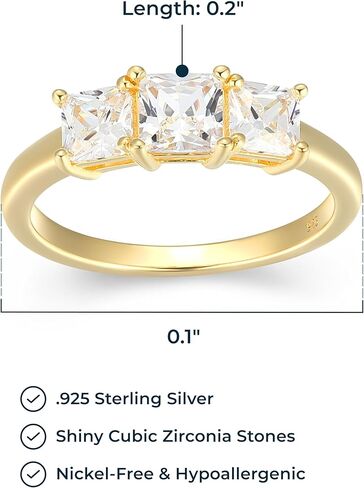 18K Yellow Gold Plated 925 Sterling Silver Princess-Cut Cubic Zirconia "Yesterday, Today, Tomorrow" 3-Stone Engagement or Anniversary Ring - Size 8 in Kuwait