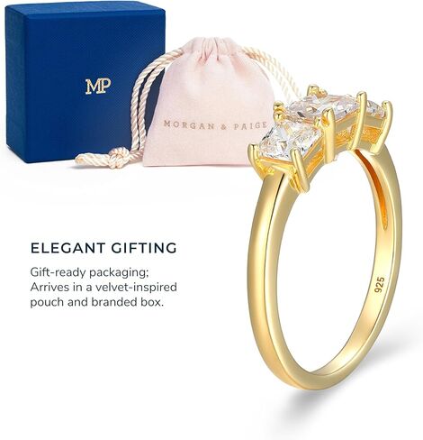 18K Yellow Gold Plated 925 Sterling Silver Princess-Cut Cubic Zirconia "Yesterday, Today, Tomorrow" 3-Stone Engagement or Anniversary Ring - Size 8 in Kuwait