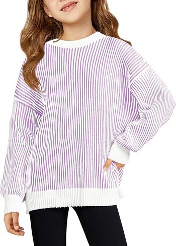 Haloumoning Girls Striped Pullover Sweaters Chenille Crew Neck Cable Knit Tops 5-14 years in Saudi Arabia