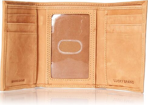 محفظة جلدية ثلاثية الطي مزدوجة الخياطة للرجال من Lucky Brand مع بطانة حجب RFID، 6 فتحات للبطاقات وجيب الفاتورة، بني، مقاس واحد in Kuwait