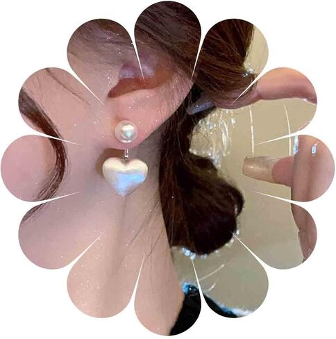 Vintage Pearl Heart Ear Jacket Earrings Love Heart Stud Earrings Gold Puffy Heart Earrings Pearl Jacket Earrings Jewelry for Women (Gold) in Saudi Arabia