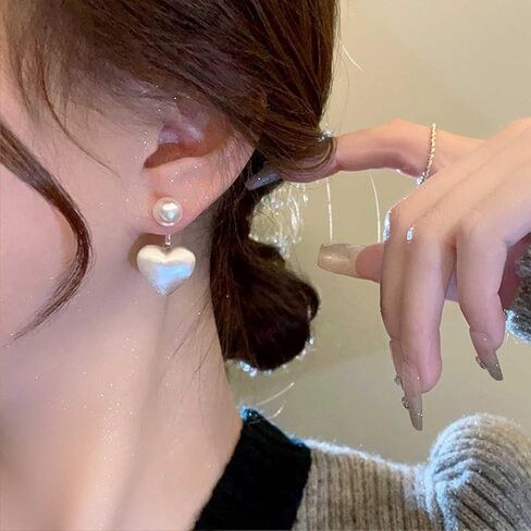 Vintage Pearl Heart Ear Jacket Earrings Love Heart Stud Earrings Gold Puffy Heart Earrings Pearl Jacket Earrings Jewelry for Women (Gold) in Saudi Arabia